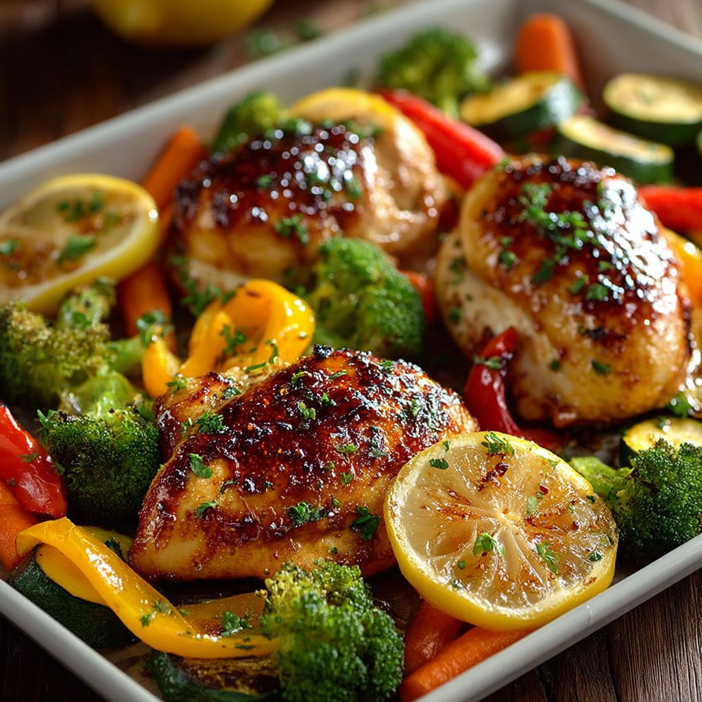 A plate of food with chicken, broccoli, carrots, and lemon.