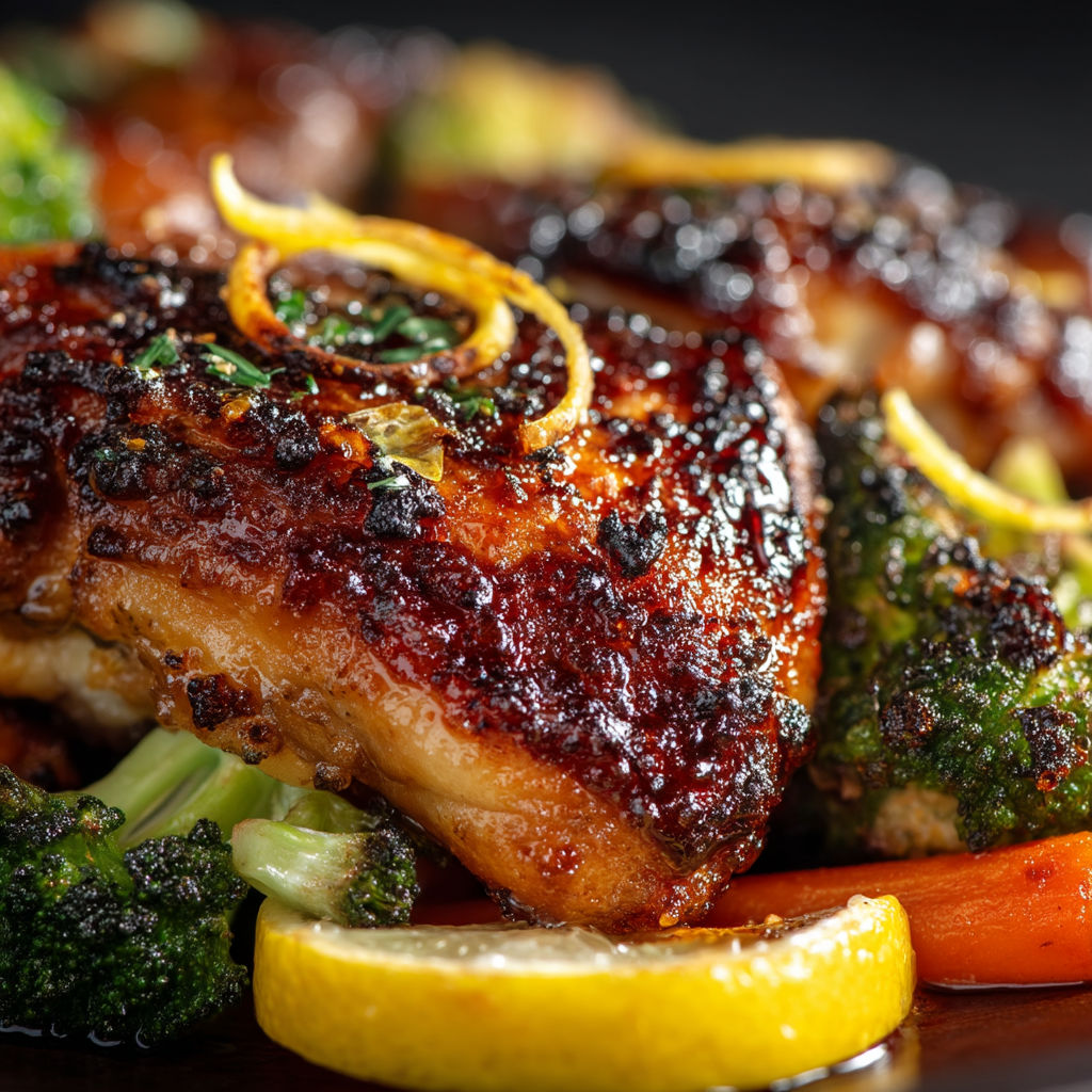 A plate of food with broccoli, carrots, and a lemon wedge.