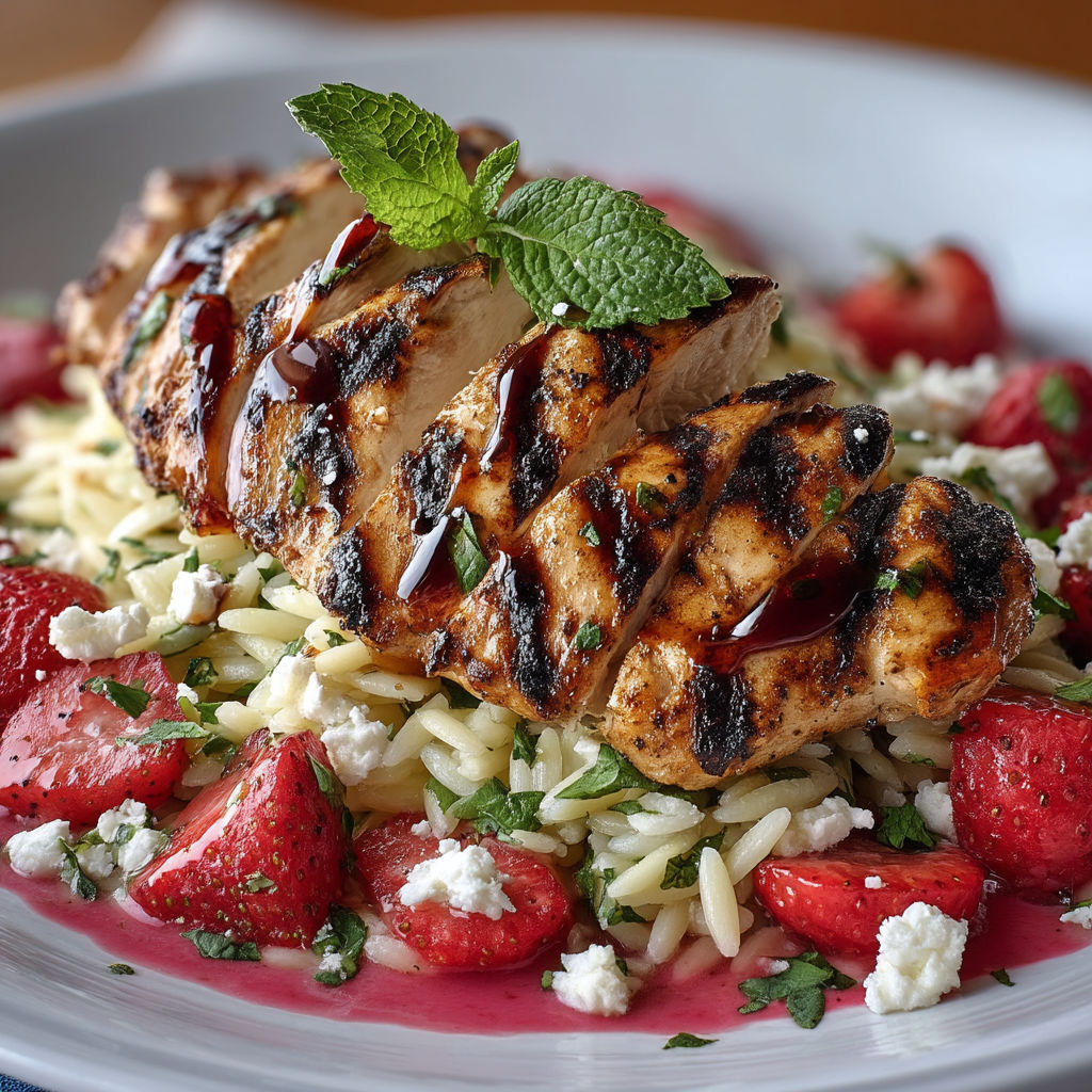 A plate of food with chicken, strawberries, and blue cheese.
