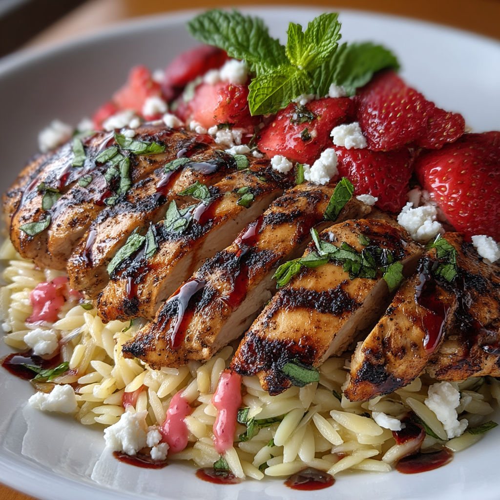A plate of food with chicken, rice, and strawberries.