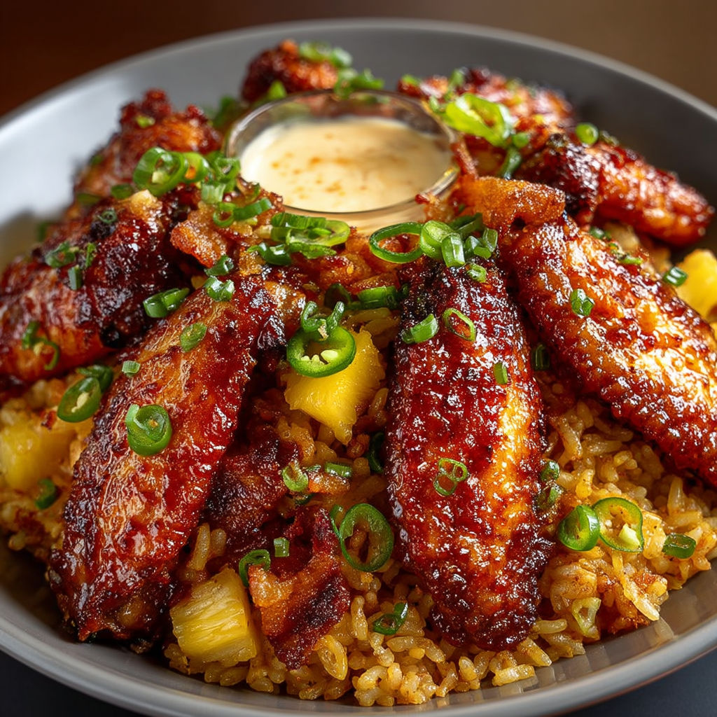 A plate of food with rice, bacon, jalapeno, and pineapple.