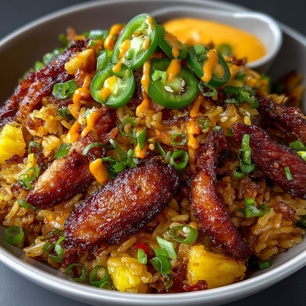 A plate of food with rice, chicken, peppers, and sauce.