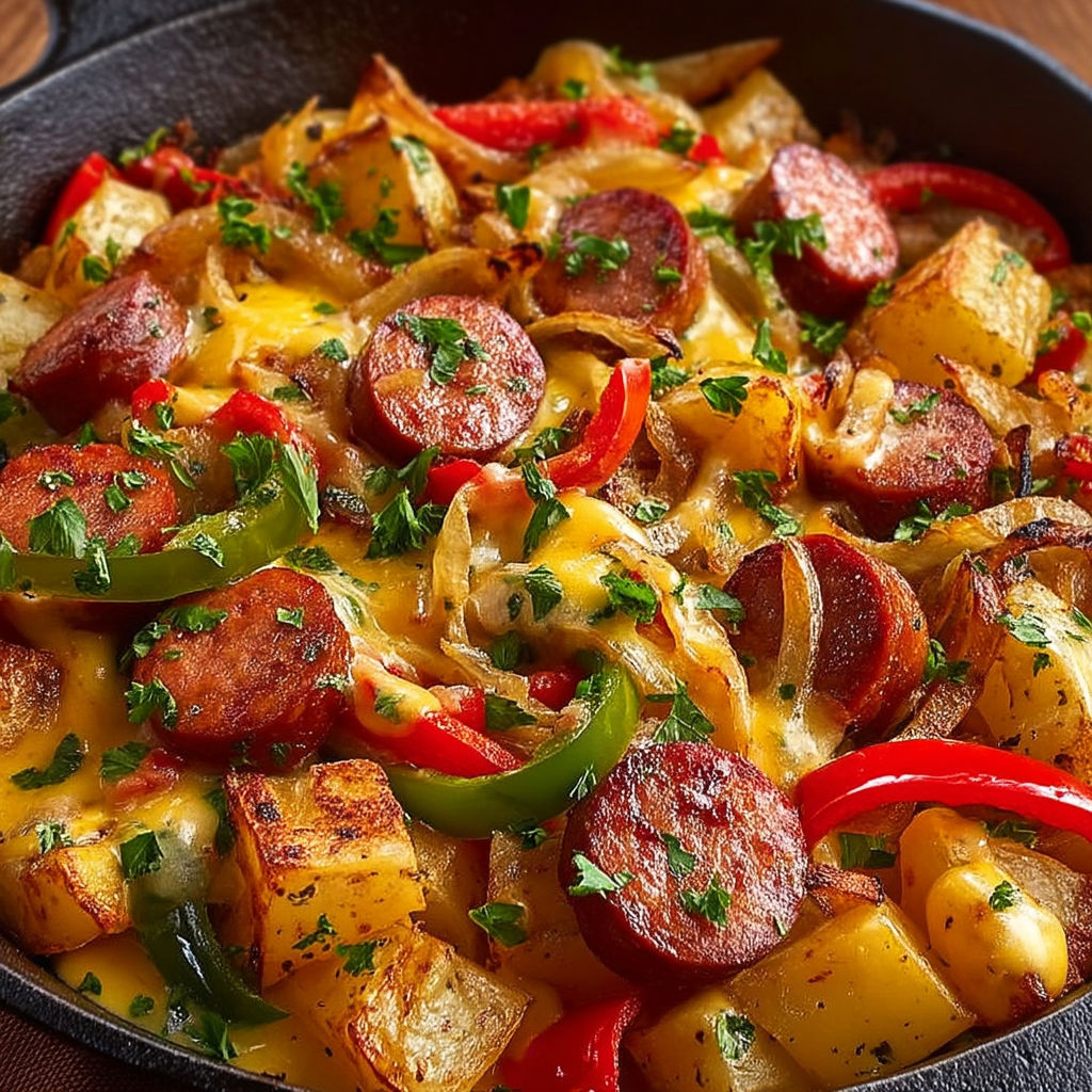 A dish of sausage and potatoes in a pan.