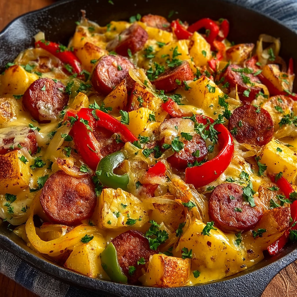 A delicious meal of sausage, potatoes, and peppers.