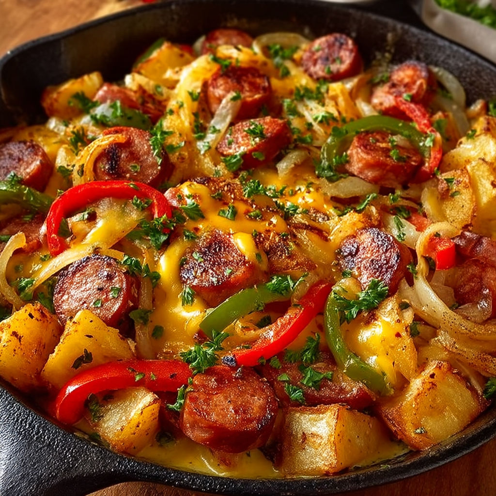 A delicious meal of sausage, potatoes, and peppers.