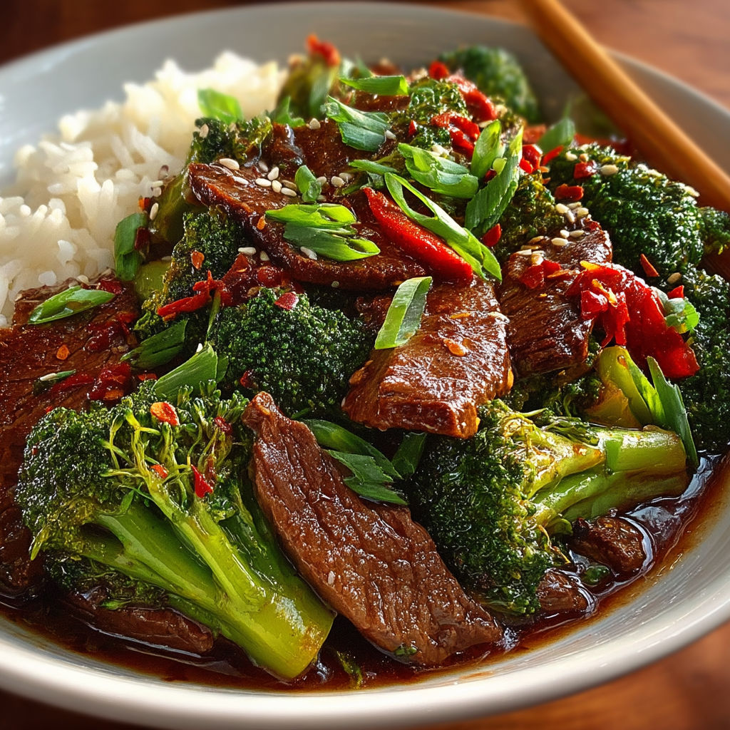 A bowl of beef and broccoli with a spicy sauce.