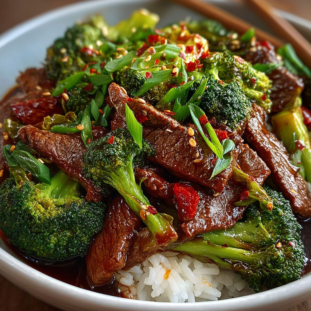 A bowl of beef and broccoli with a spicy sauce.