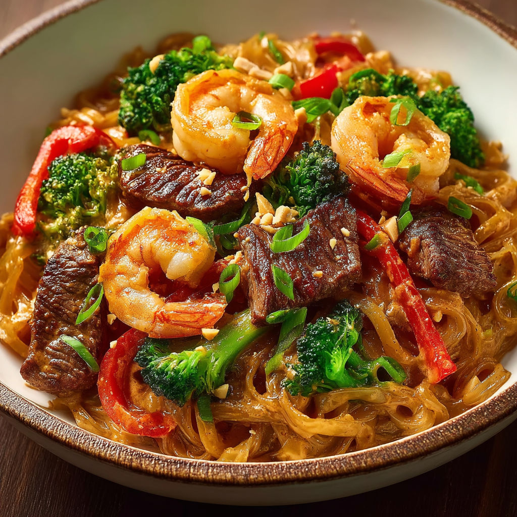 A bowl of food with shrimp, broccoli, and red peppers.