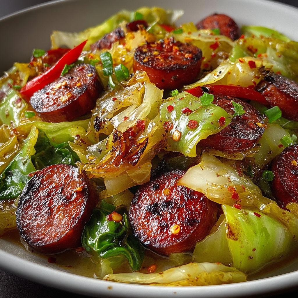 A plate of food with sausage and cabbage.