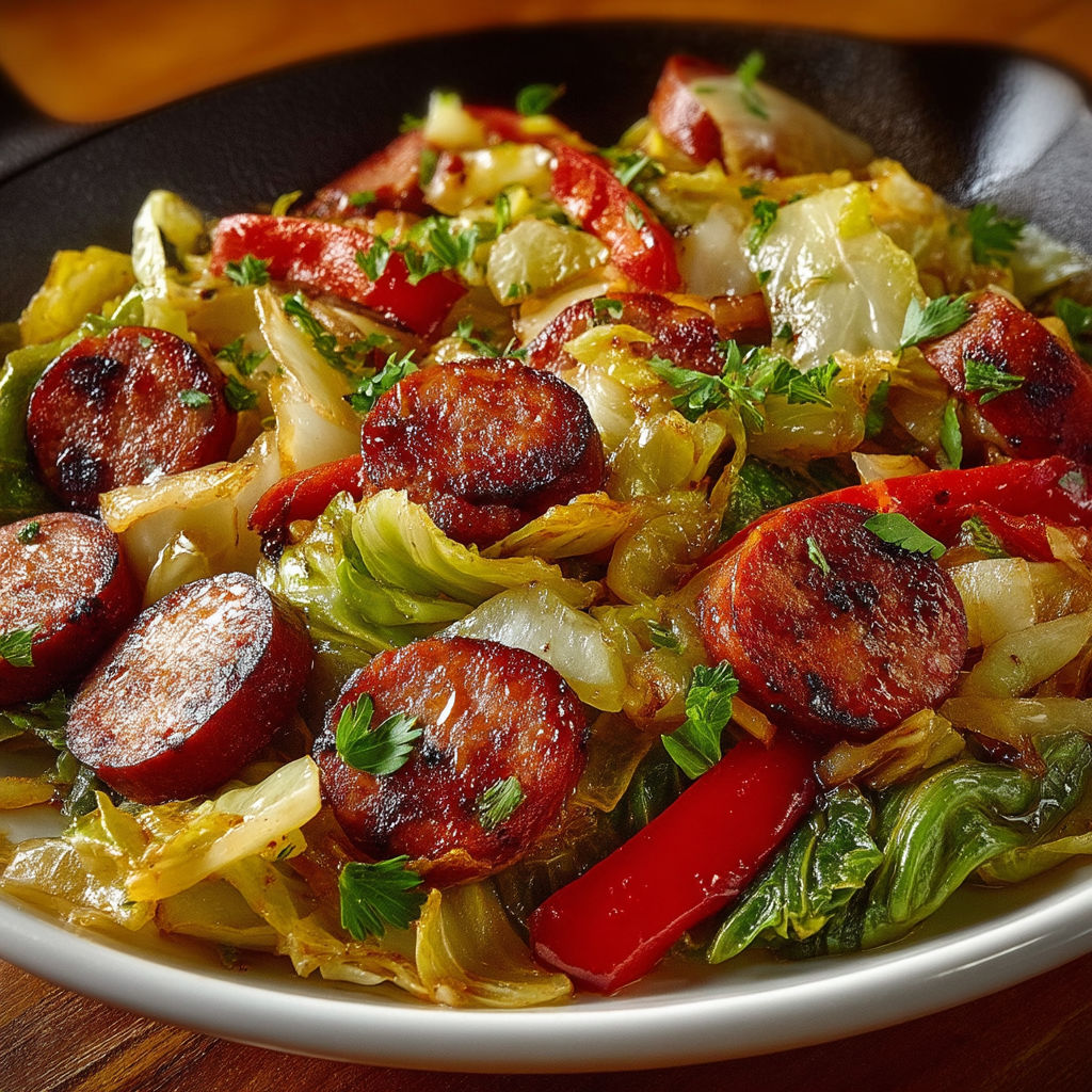 A plate of food with sausage, tomatoes, and lettuce.