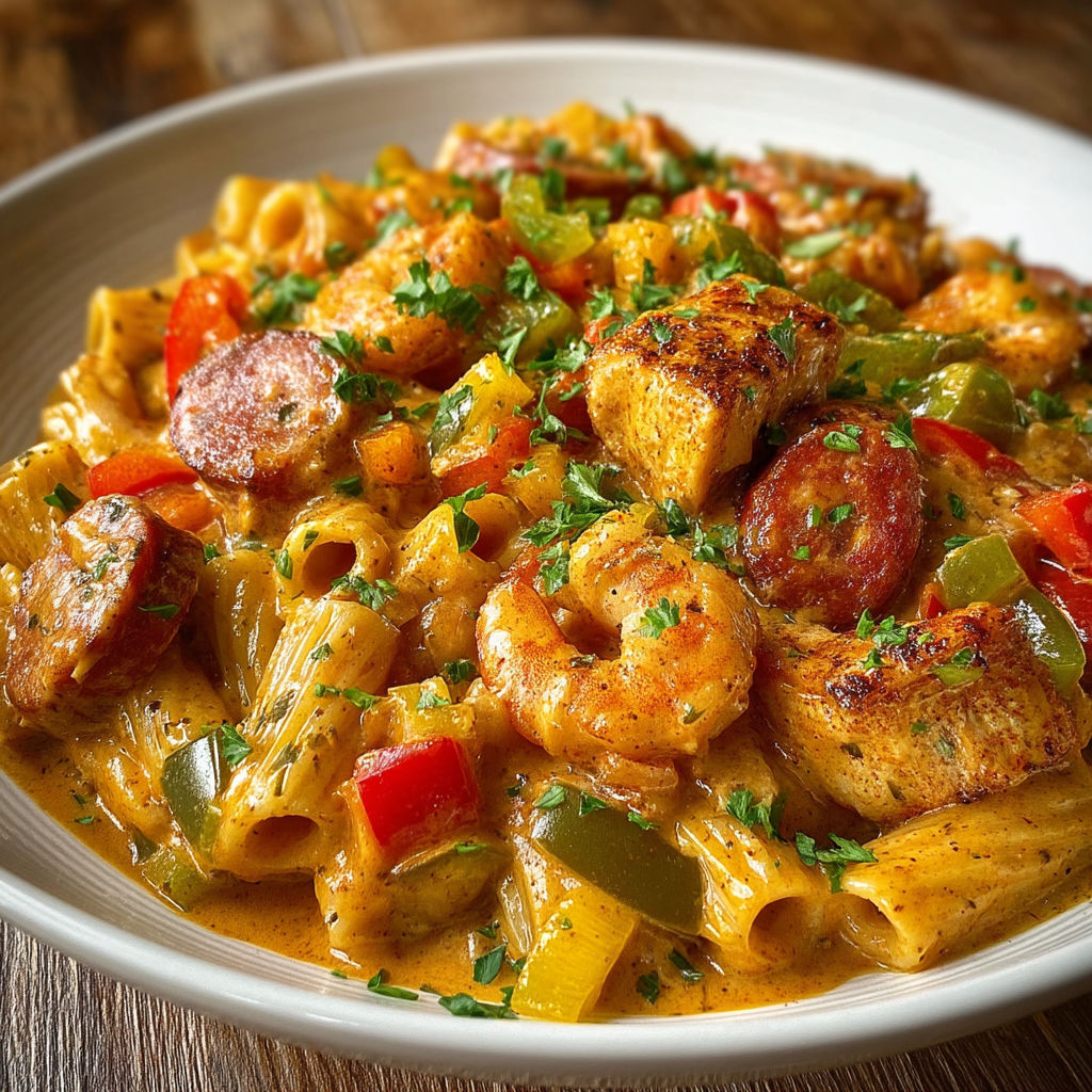 A plate of pasta with meat and vegetables.