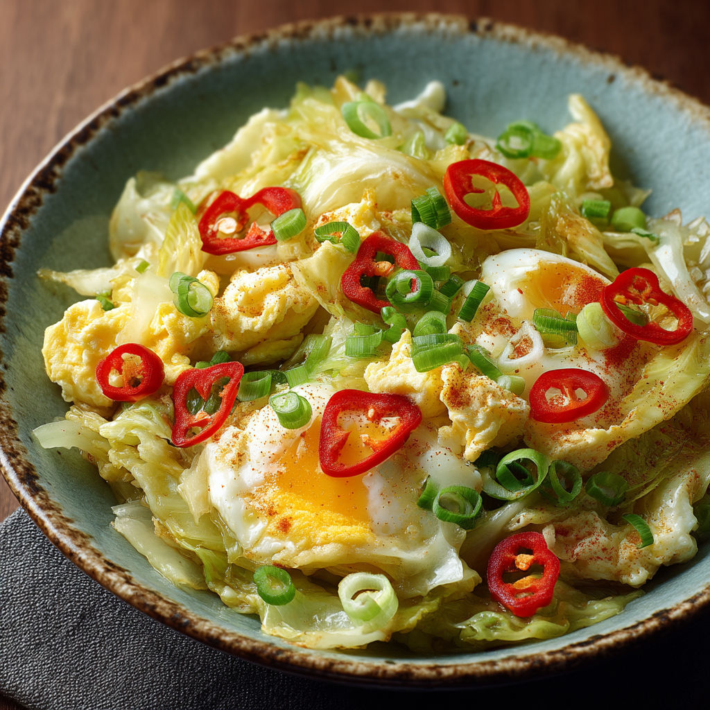 A bowl of sautéed chinese cabbage with eggs.