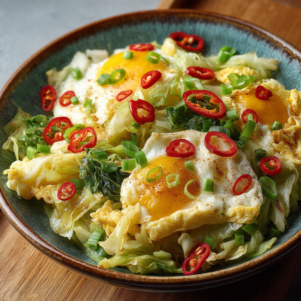 A bowl of food with eggs and peppers.