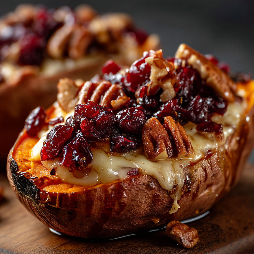 A close up of a baked sweet potato with cheese and nuts.