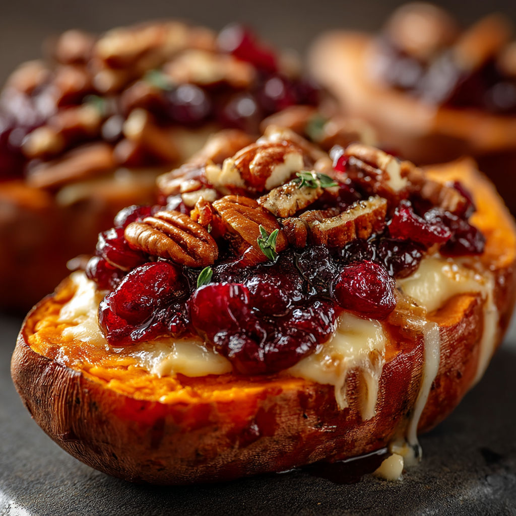 A close up of a patate douce with cheese and nuts.