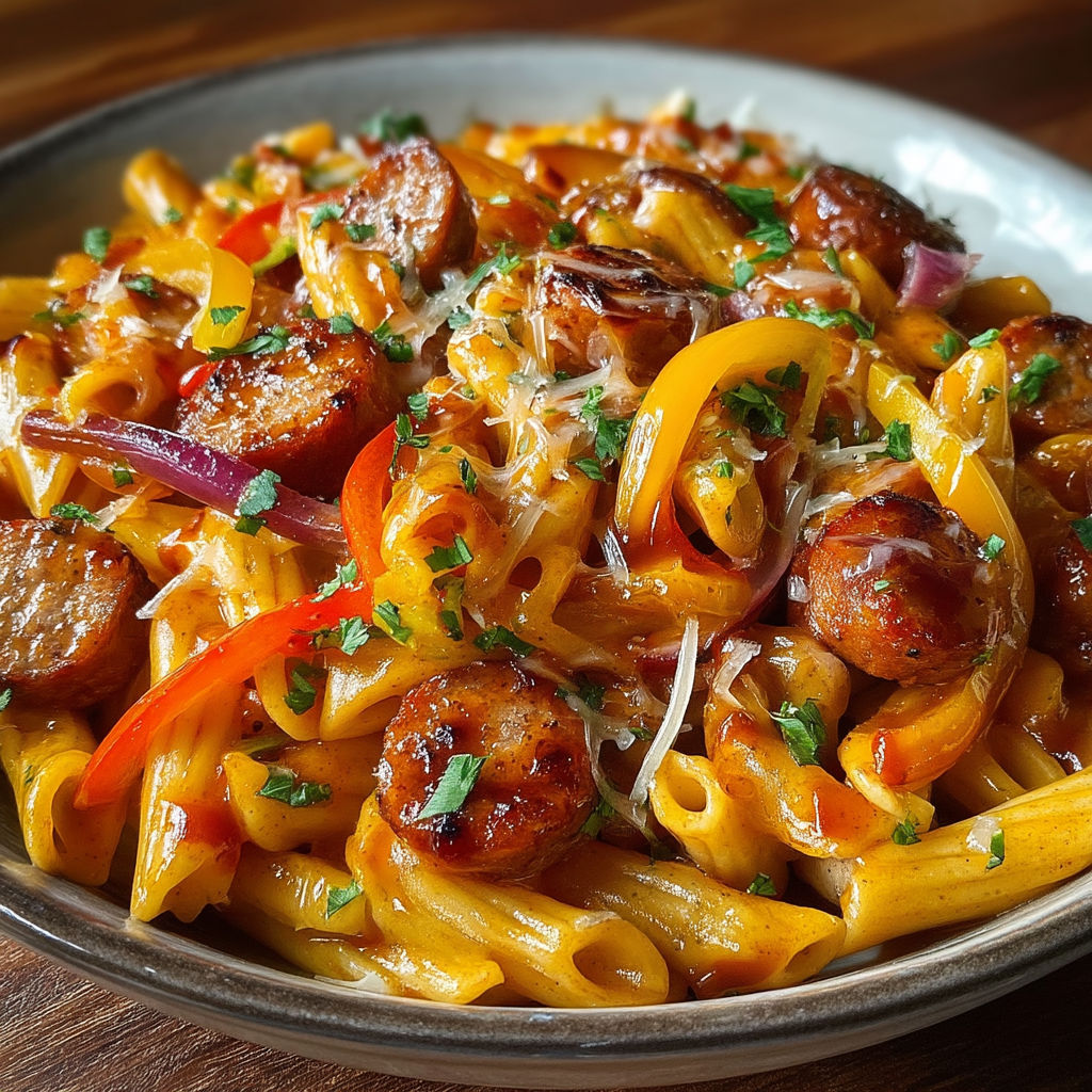 A plate of pasta with sausage and peppers.