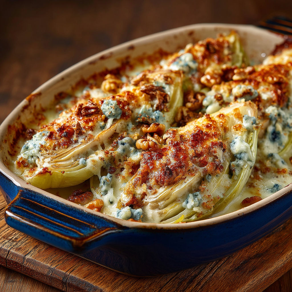 A dish of gratin d'endives au roquefort et noix.