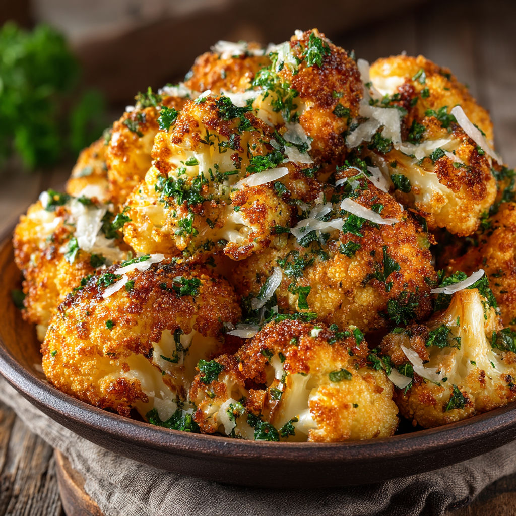 A bowl of roasted cauliflower with Parmesan cheese.