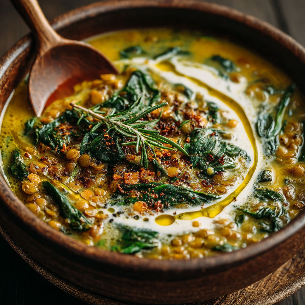 A bowl of soup with a spoon in it.