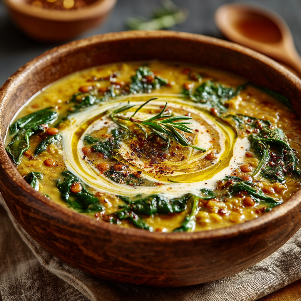 A bowl of soup with a spoon in it.