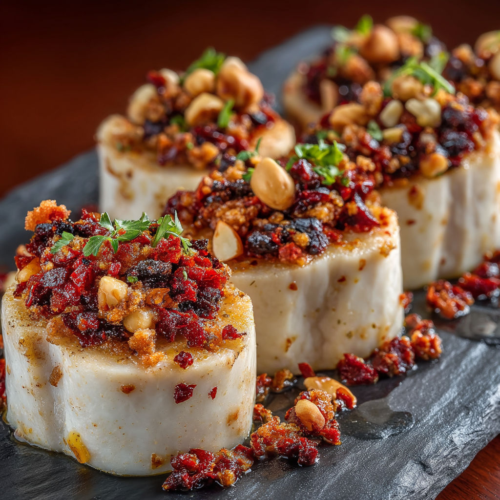 A plate of food with a red sauce and nuts.