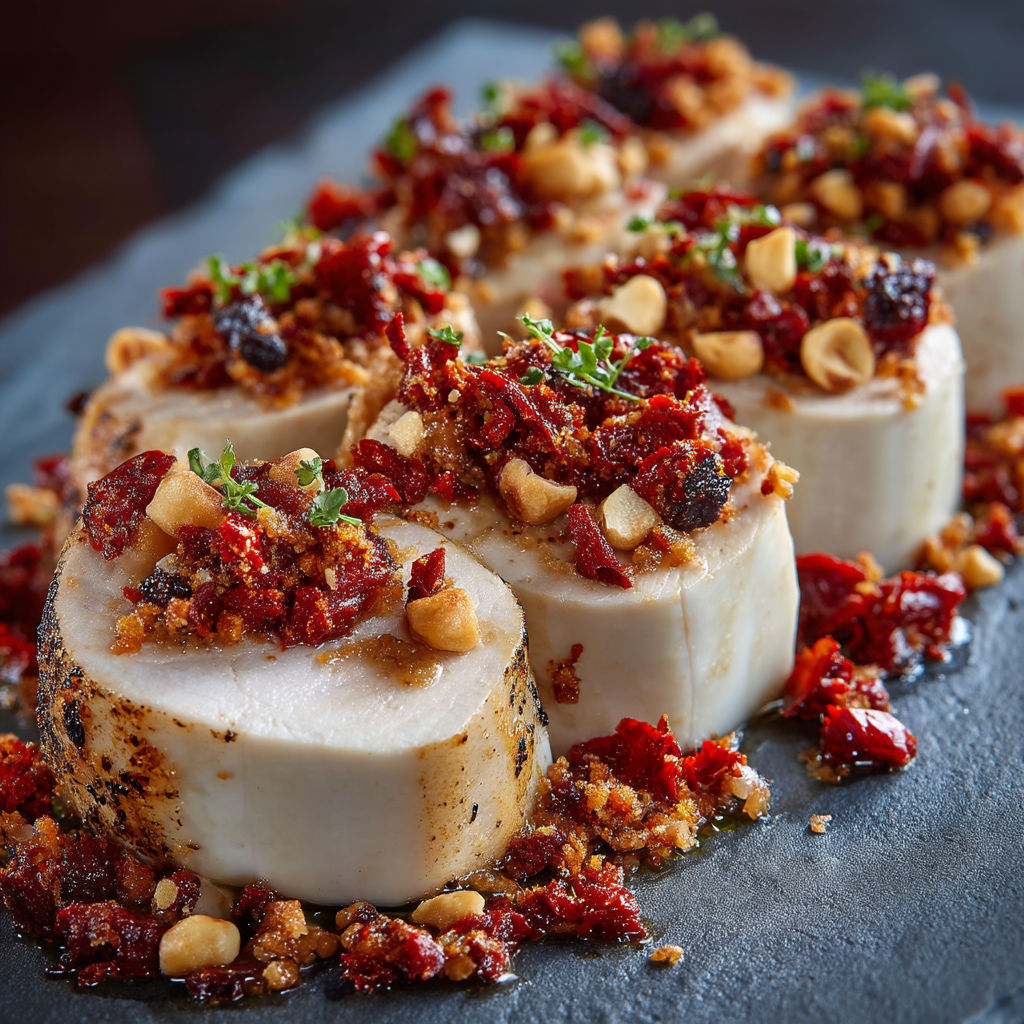 A plate of food with a red sauce and nuts.