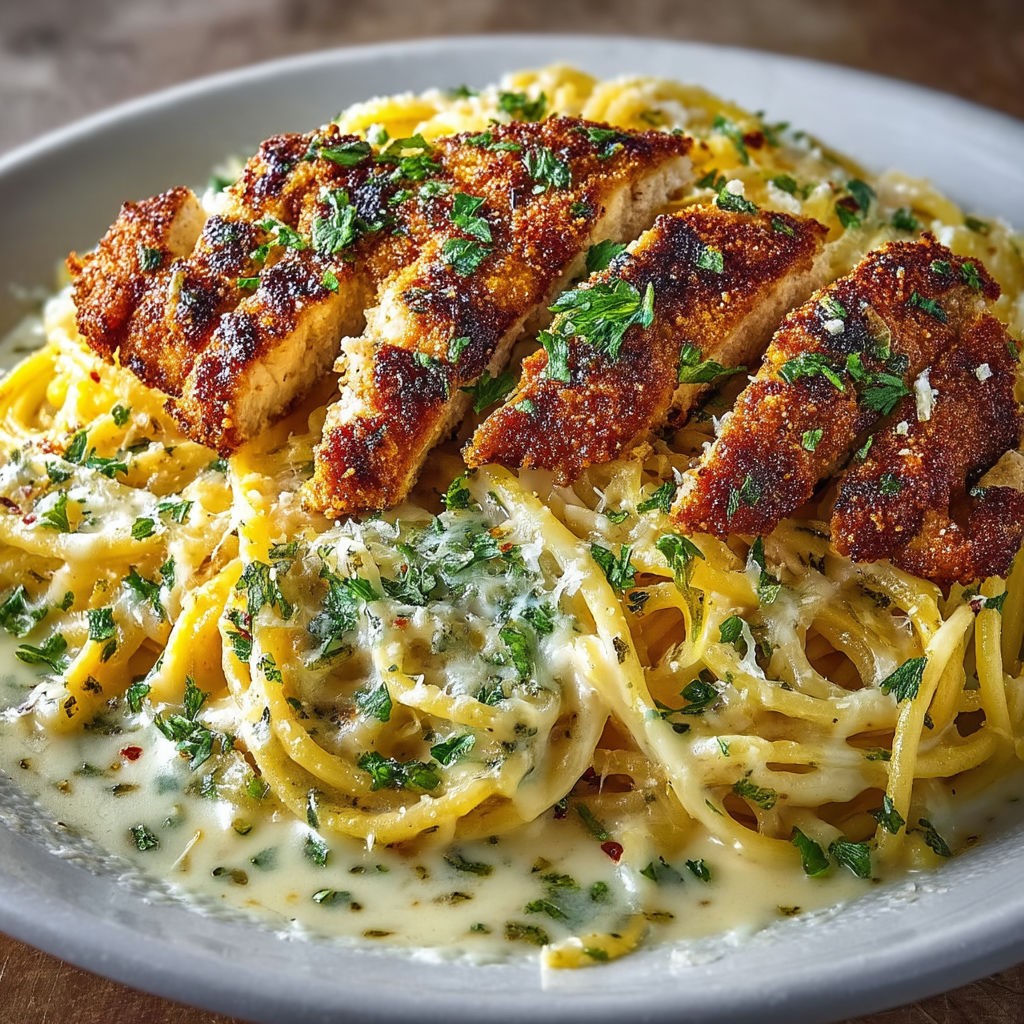 A plate of spaghetti with chicken and Parmesan cheese.