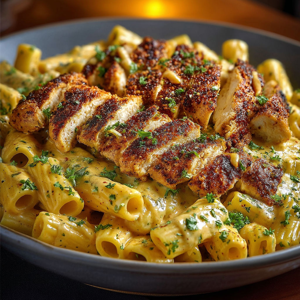 A plate of rigatoni alfredo cremeux au poulet cajun.