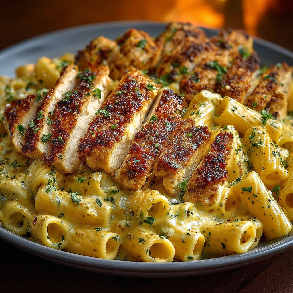 A plate of food with chicken and pasta.