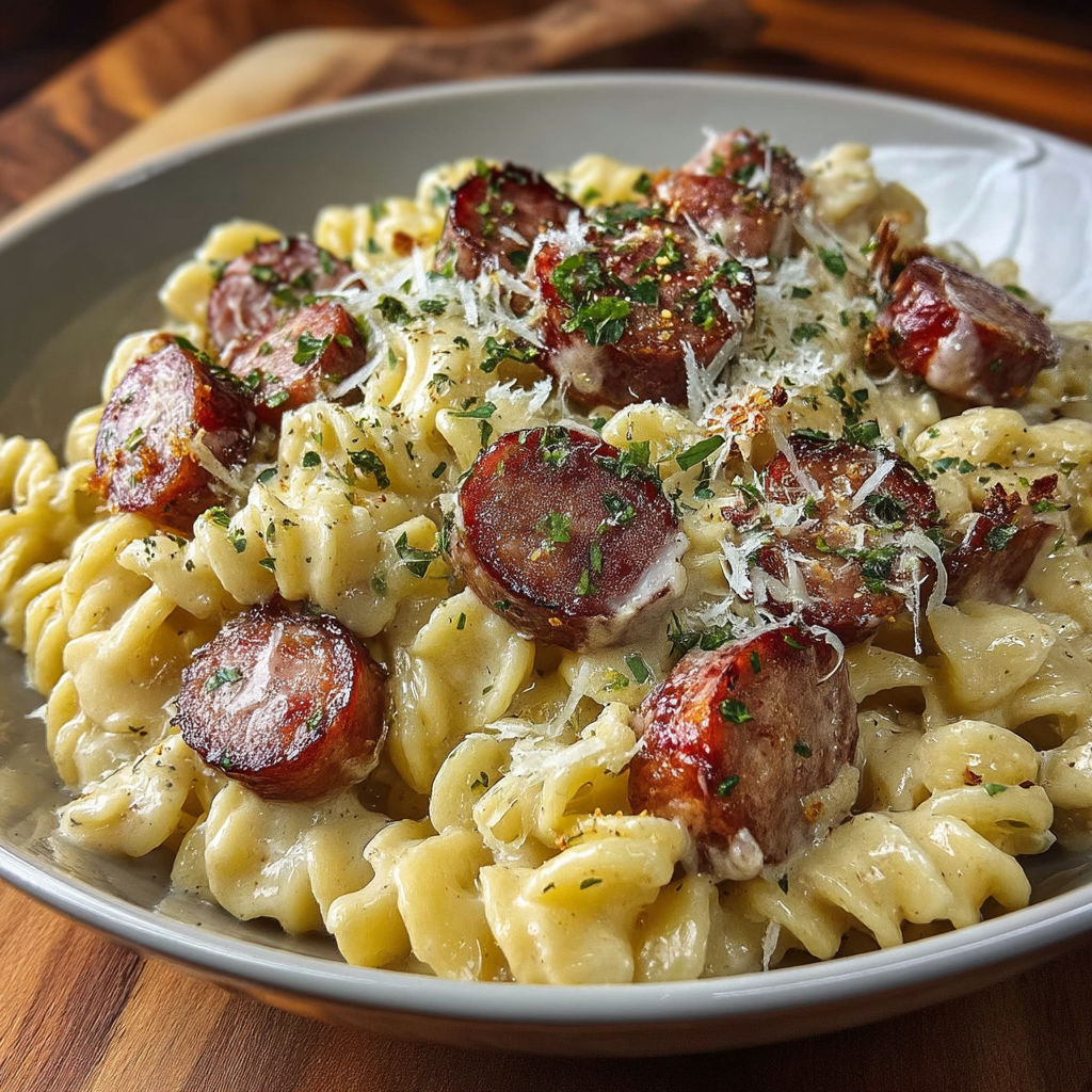 A bowl of pasta with sausage and cheese.