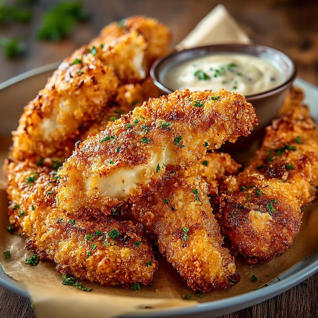 A plate of breaded chicken tenders with a dipping sauce.