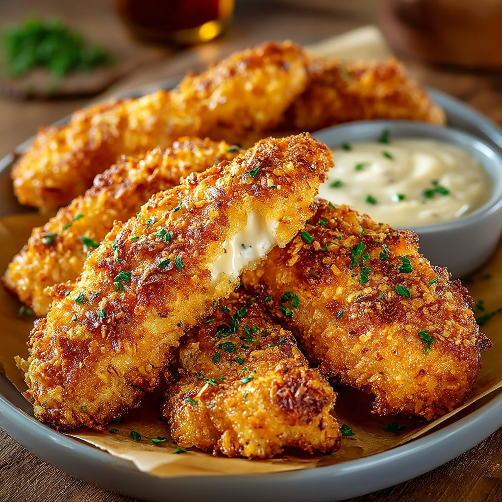 A plate of breaded chicken with a bowl of dipping sauce.
