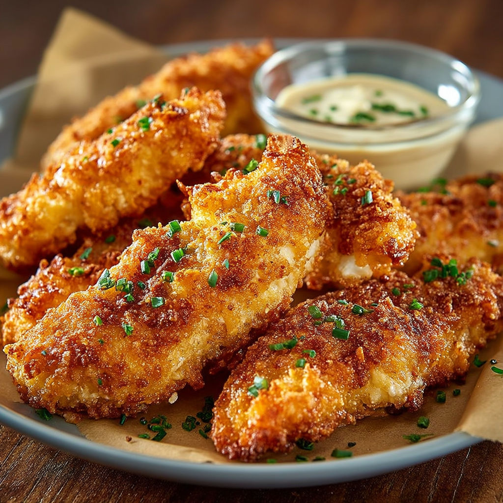 A plate of breaded chicken tenders with a dipping sauce.
