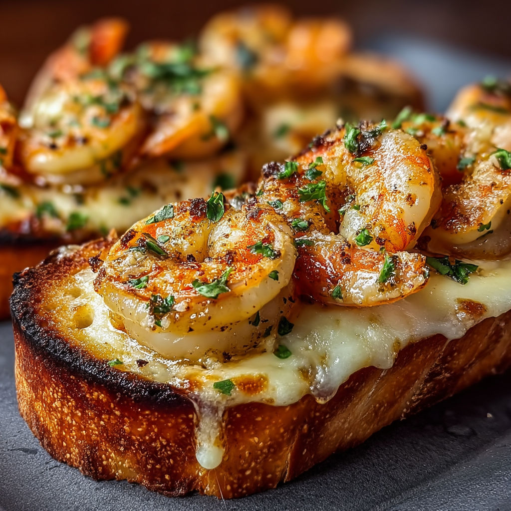 A piece of bread with shrimp on top.