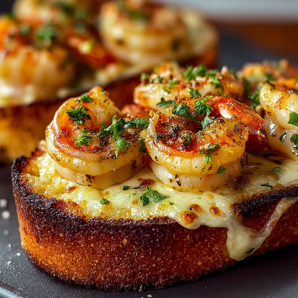 A piece of bread with shrimp on top.