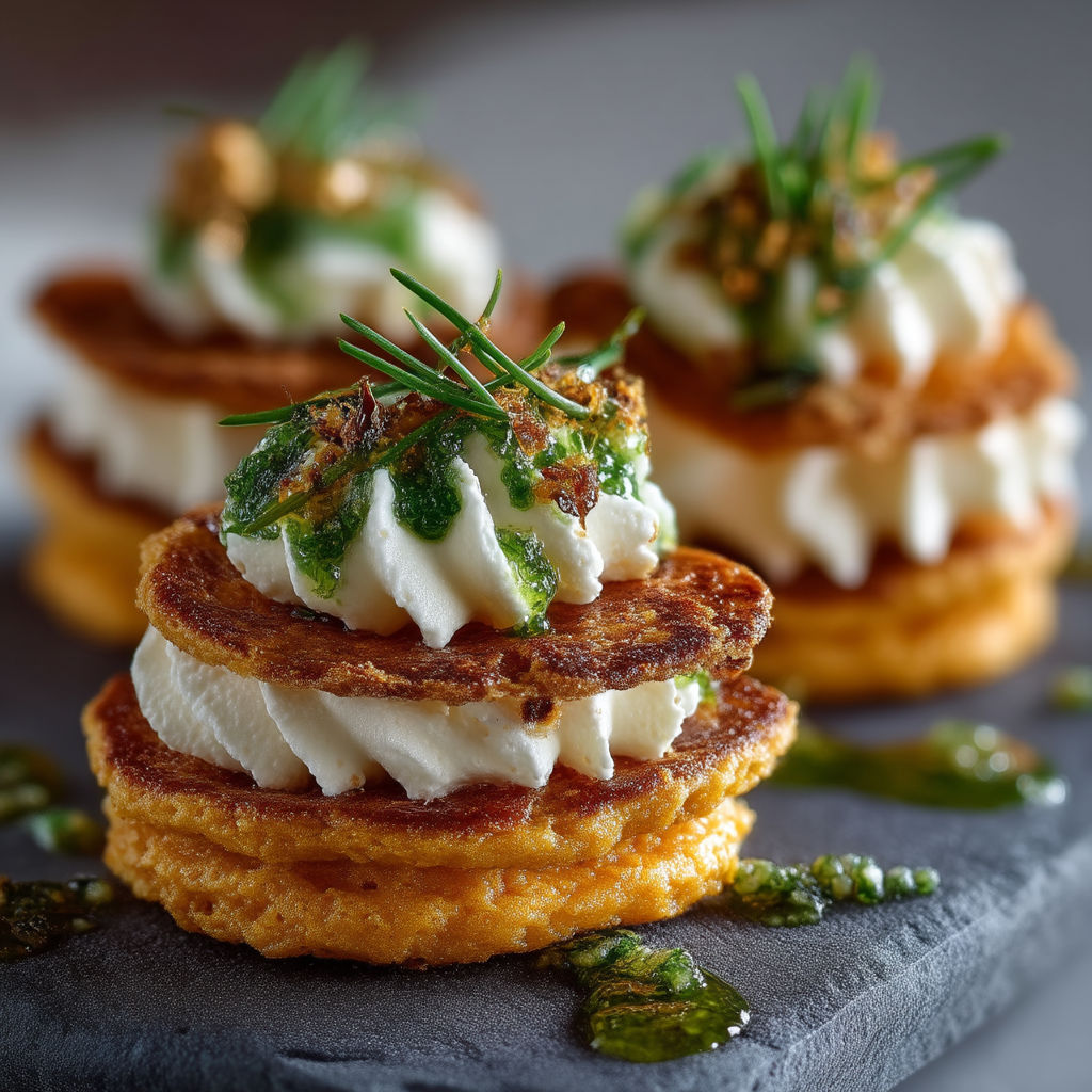 A stack of three pastries with a green topping.