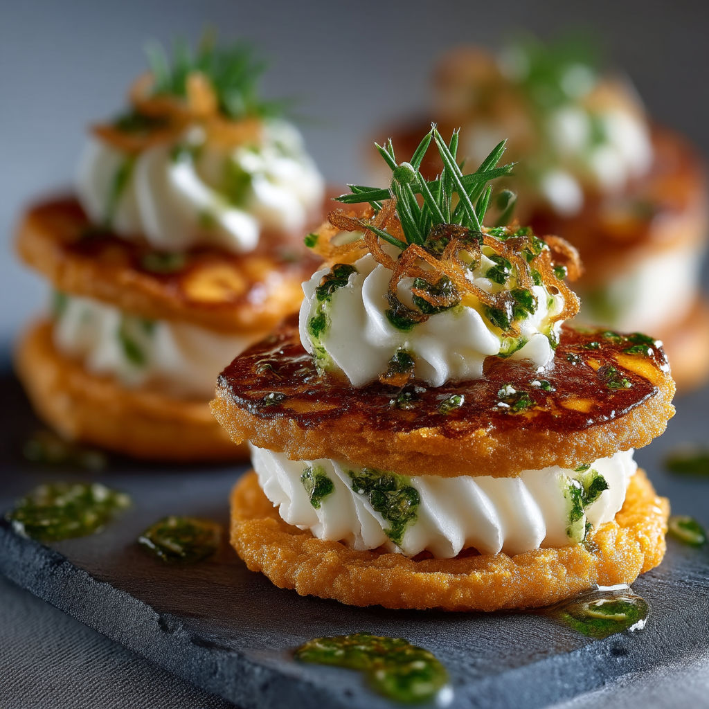 A stack of three pastries with a green topping.