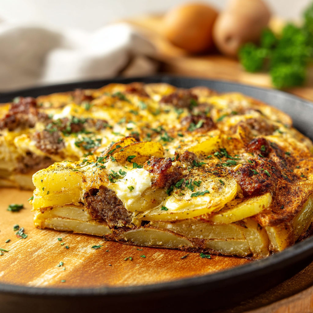 A gratin de petit-déjeuner aux pommes de terre et saucisse.