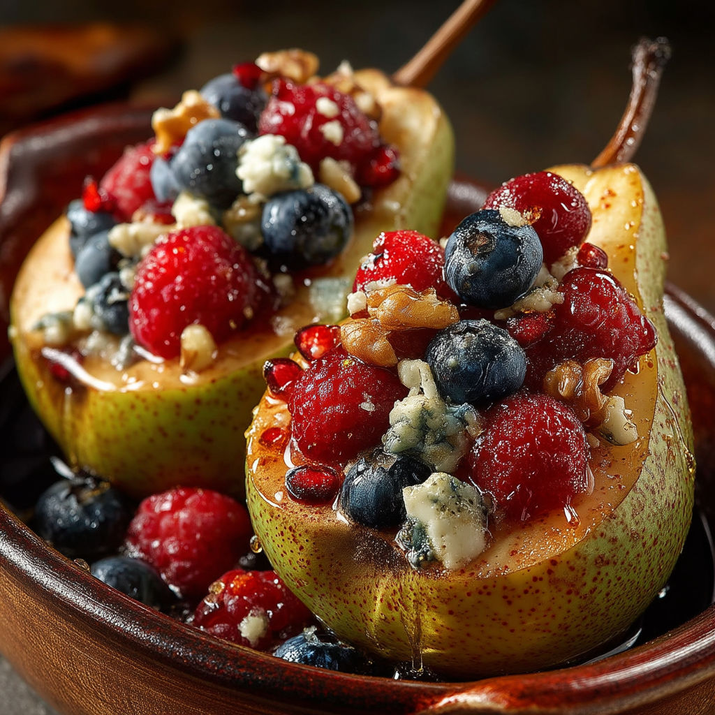 A bowl of fruit with a blueberry, raspberry, and walnut.