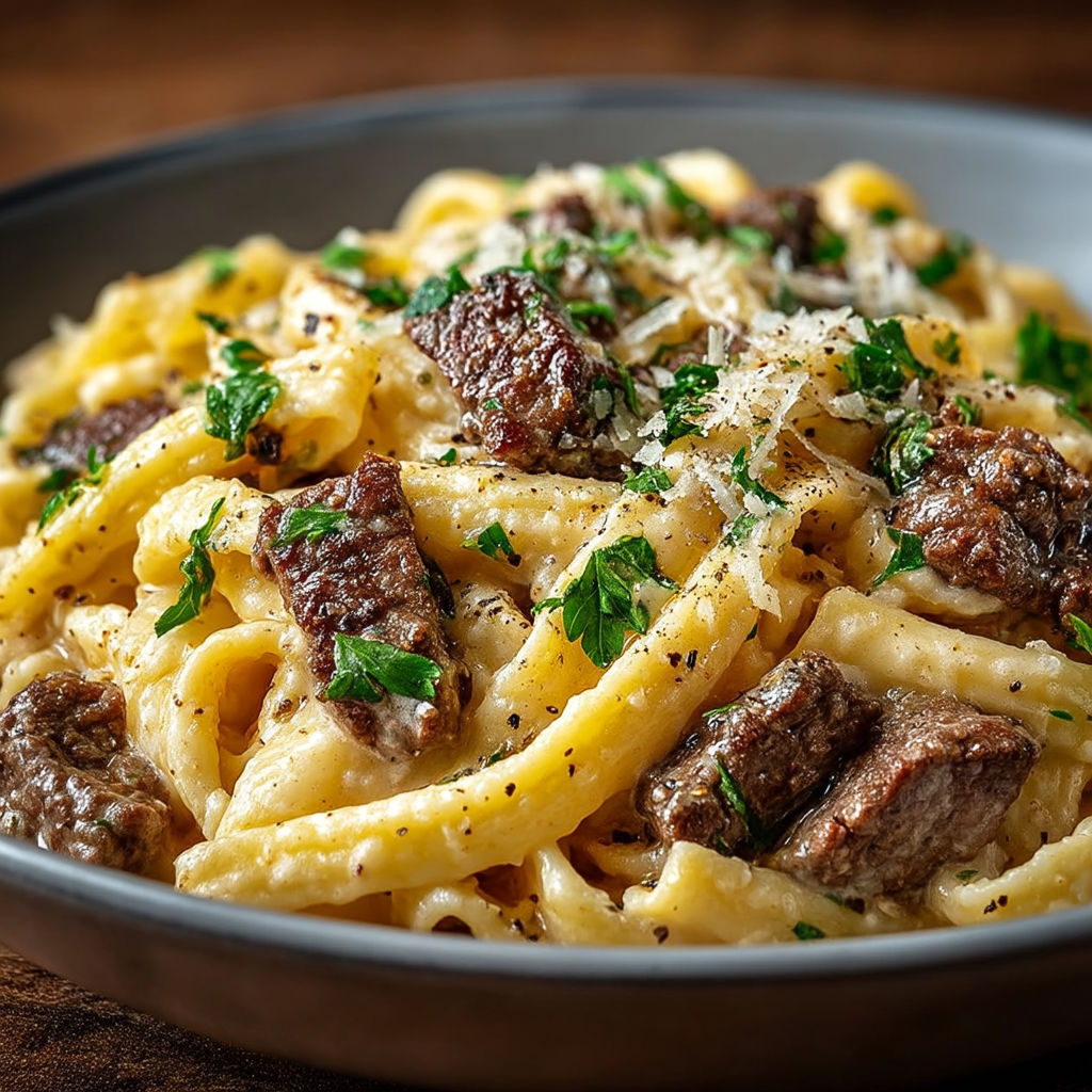 A bowl of pasta with meat and herbs.