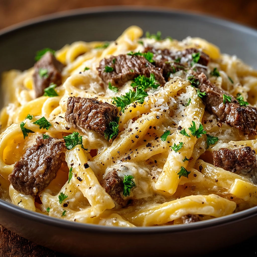 A bowl of pasta with meat and cheese.