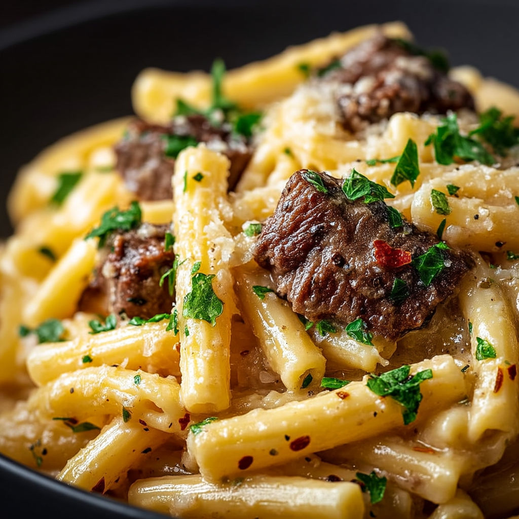 A bowl of pasta with meat and herbs.