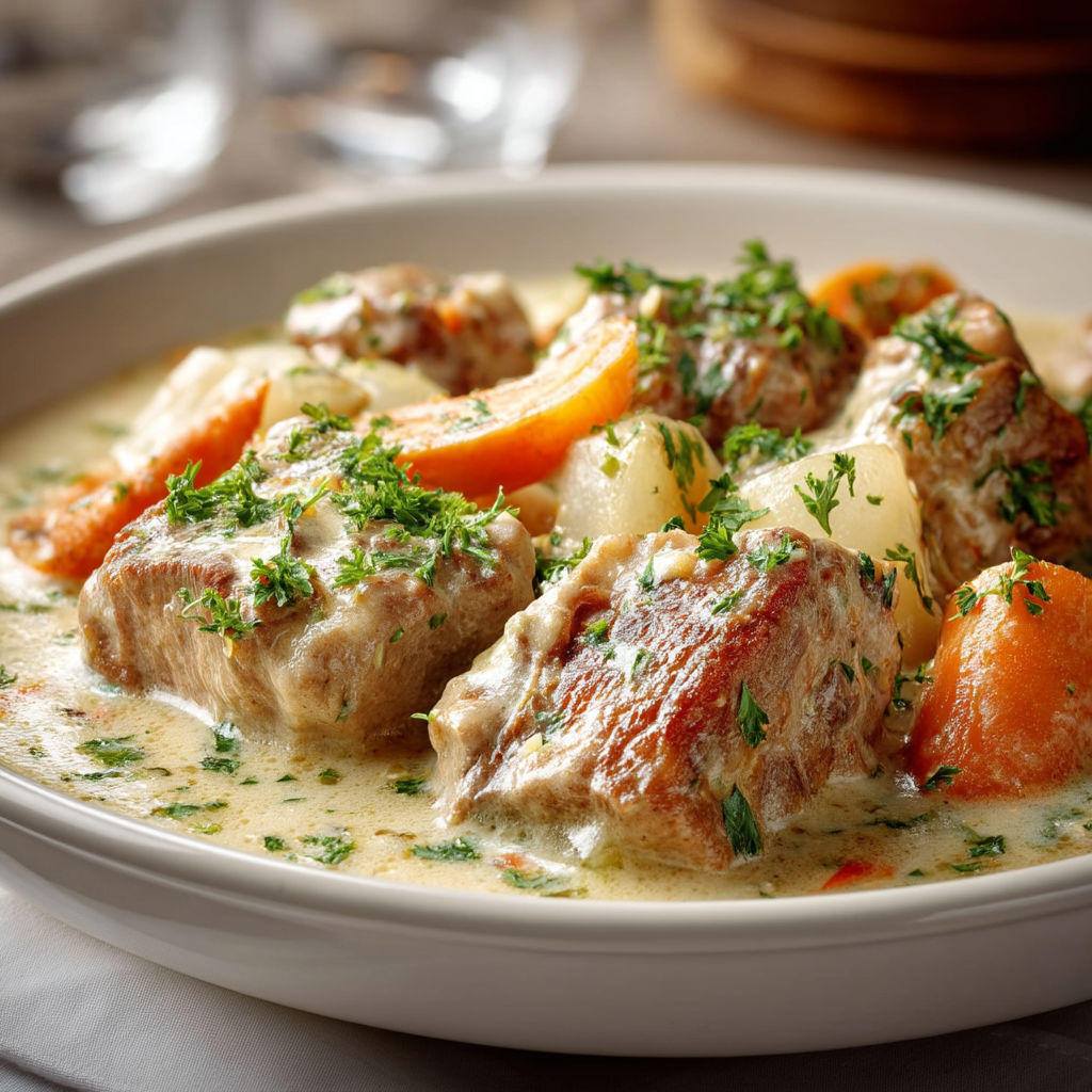 A bowl of food with meat and vegetables.