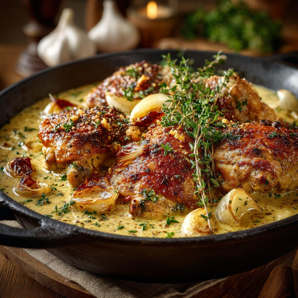 A dish of chicken with onions and herbs.