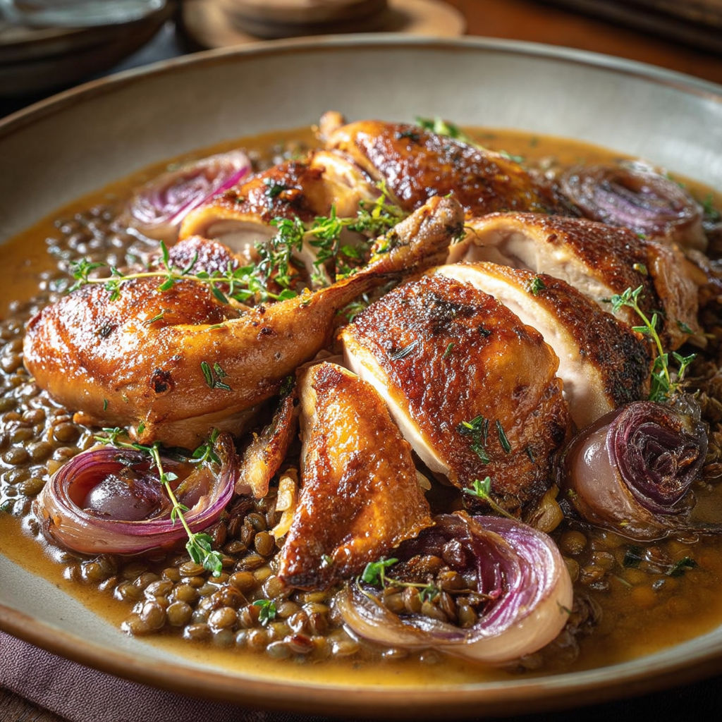 A plate of chicken with onions and herbs.