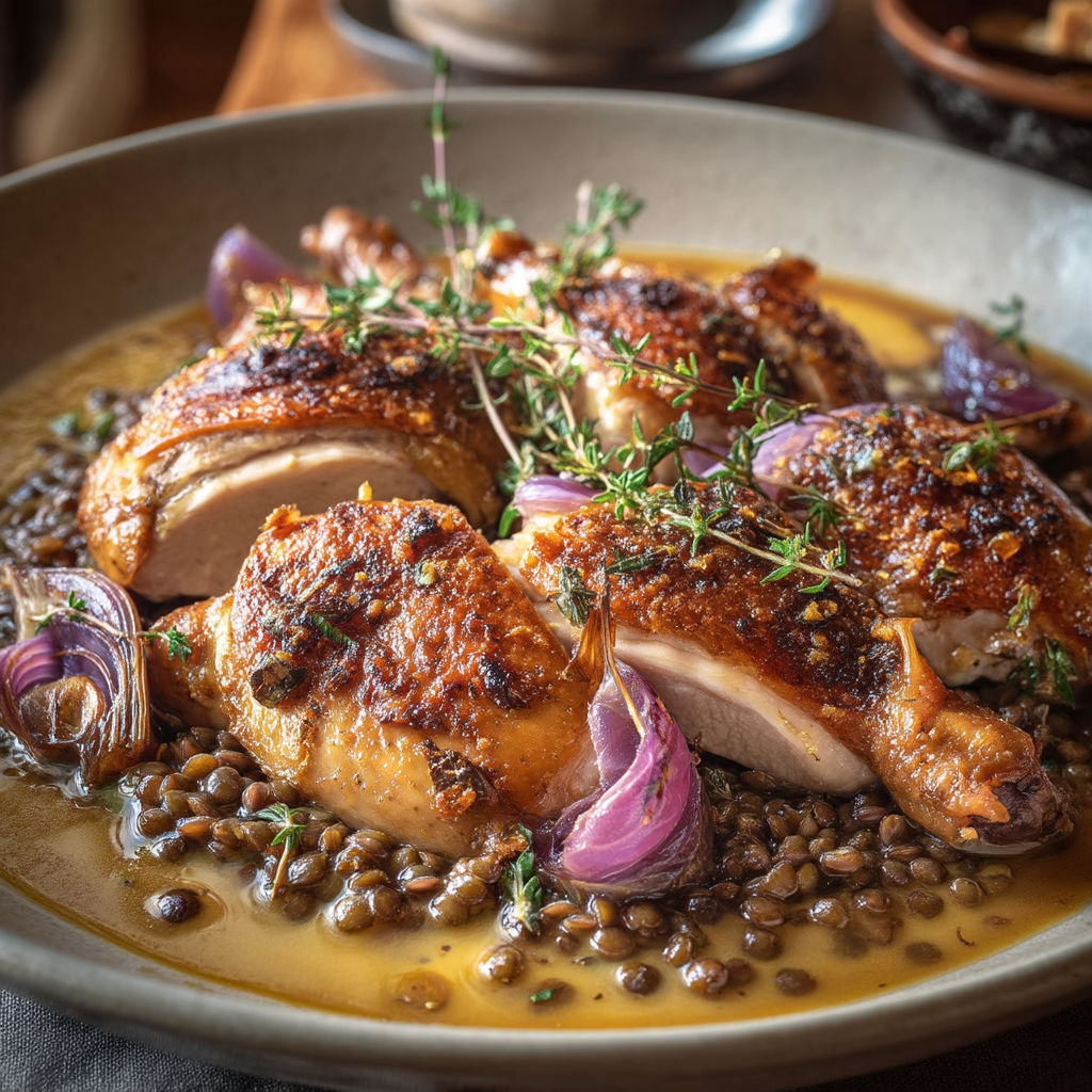 A plate of chicken with onions and herbs.