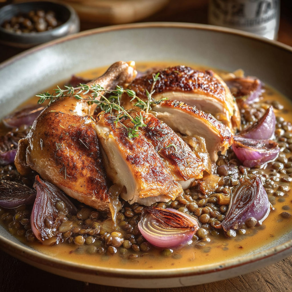 A plate of food with a chicken on top.