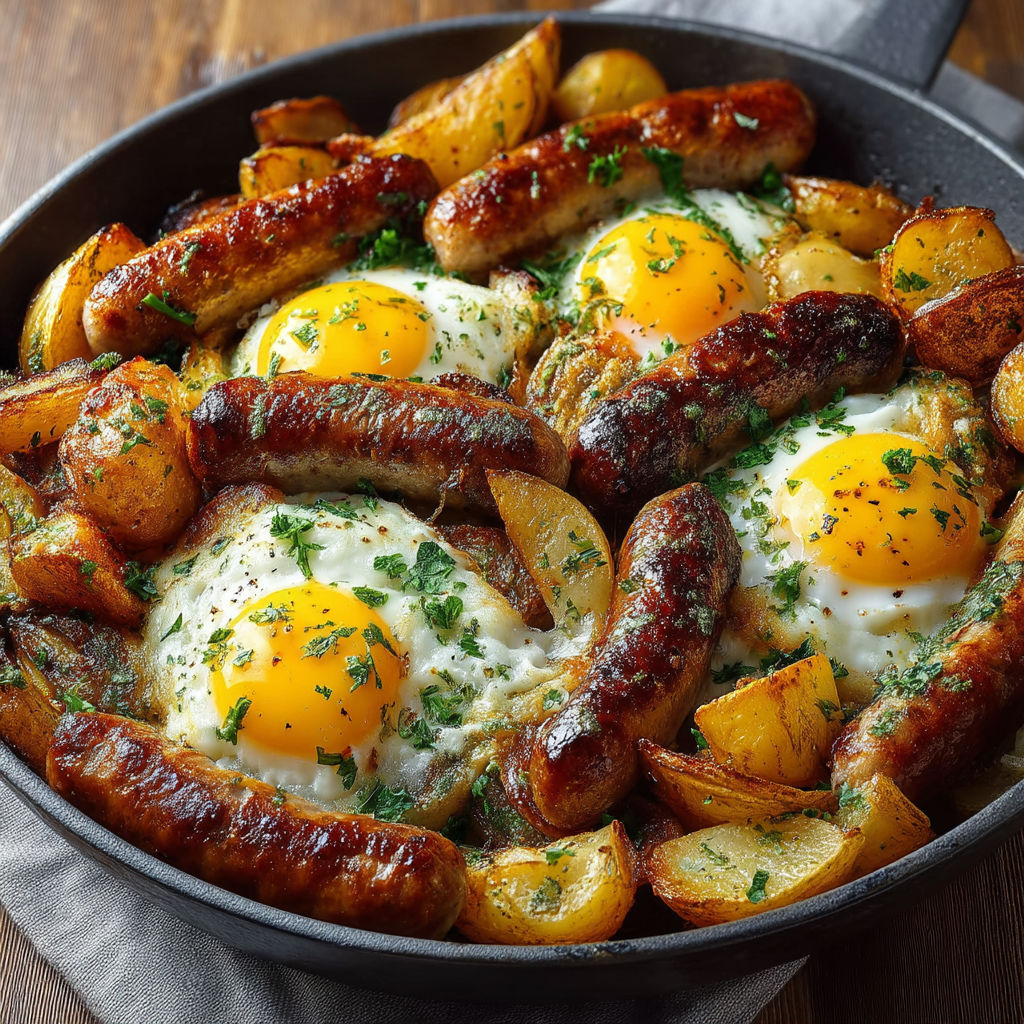 A dish of sausages and eggs.