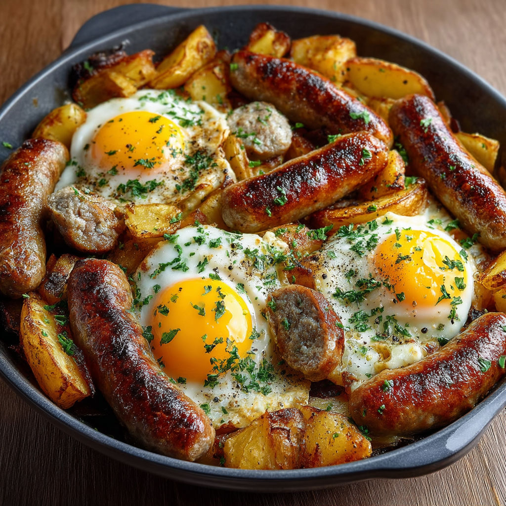 A plate of sausages and eggs.