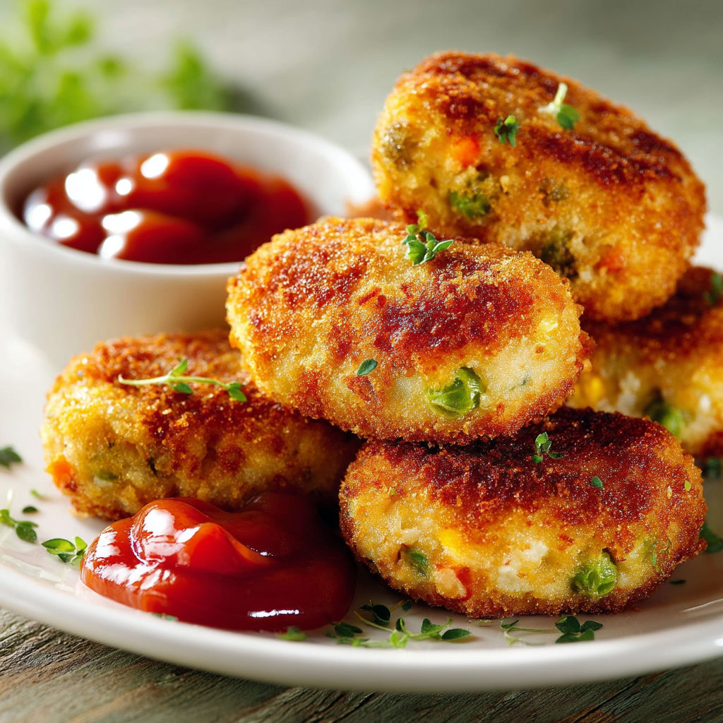 A plate of croquettes with ketchup.